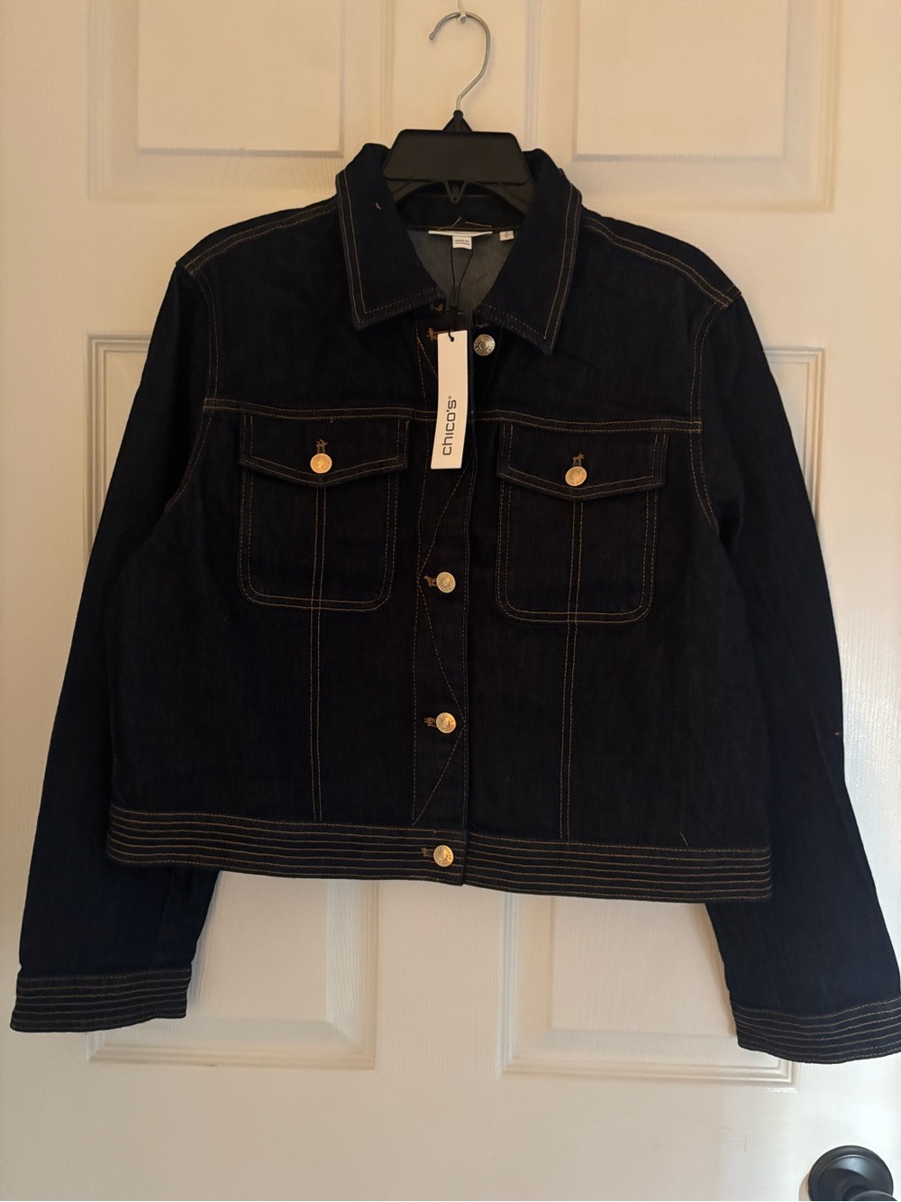 Chico's Denim Jean Jacket with Contrast Stitching Size: L